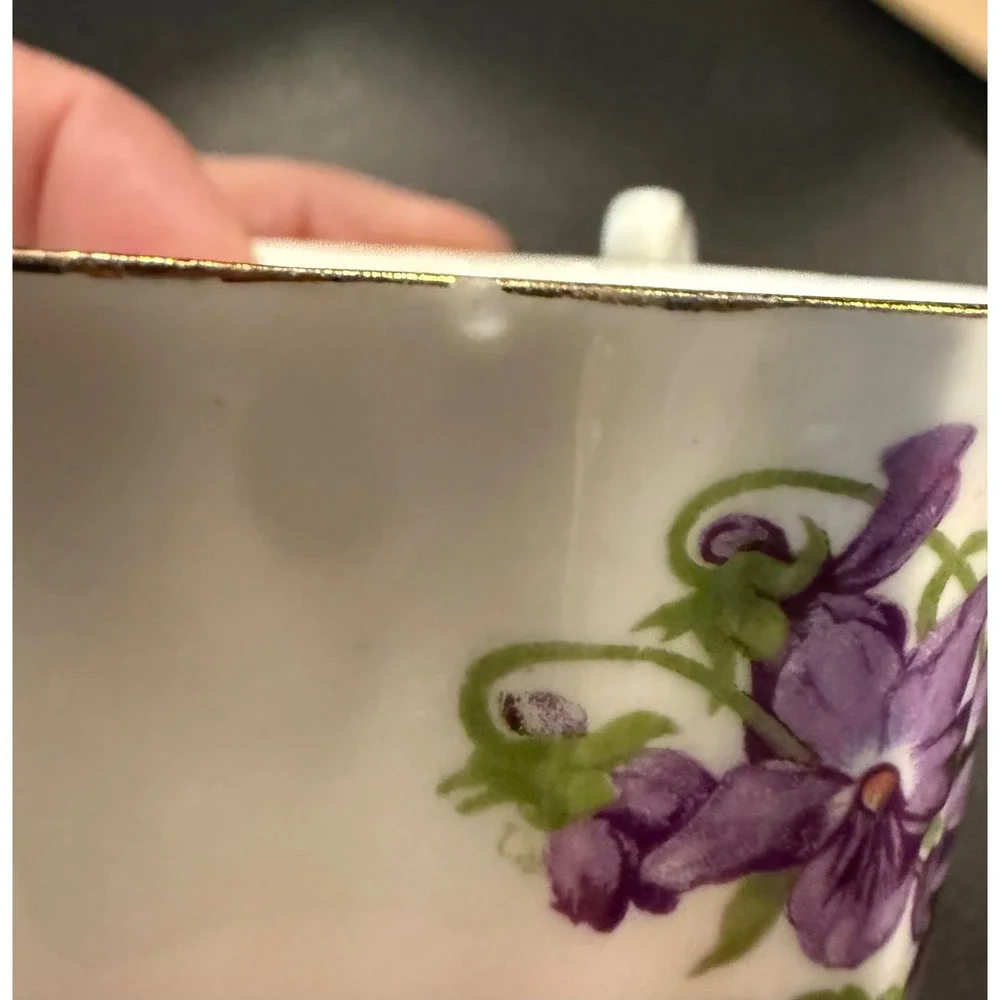 Adderley Teacup Saucer Set White Purple Violets Gold Trim Fine Bone China